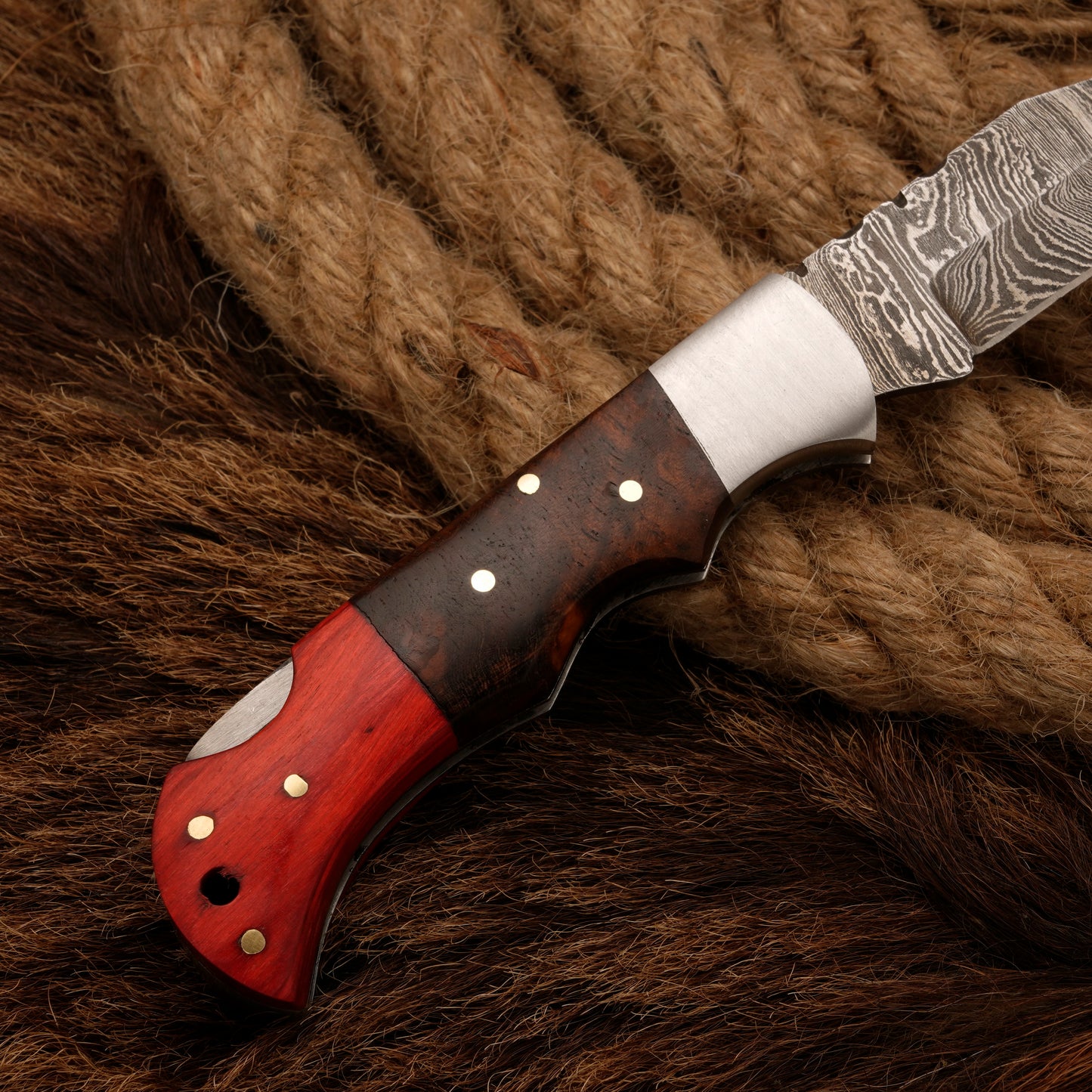 7" Handmade Damascus Steel Hunting Pocket Knife-Camping Folding Blade With Pakka & Rose Wood Handle