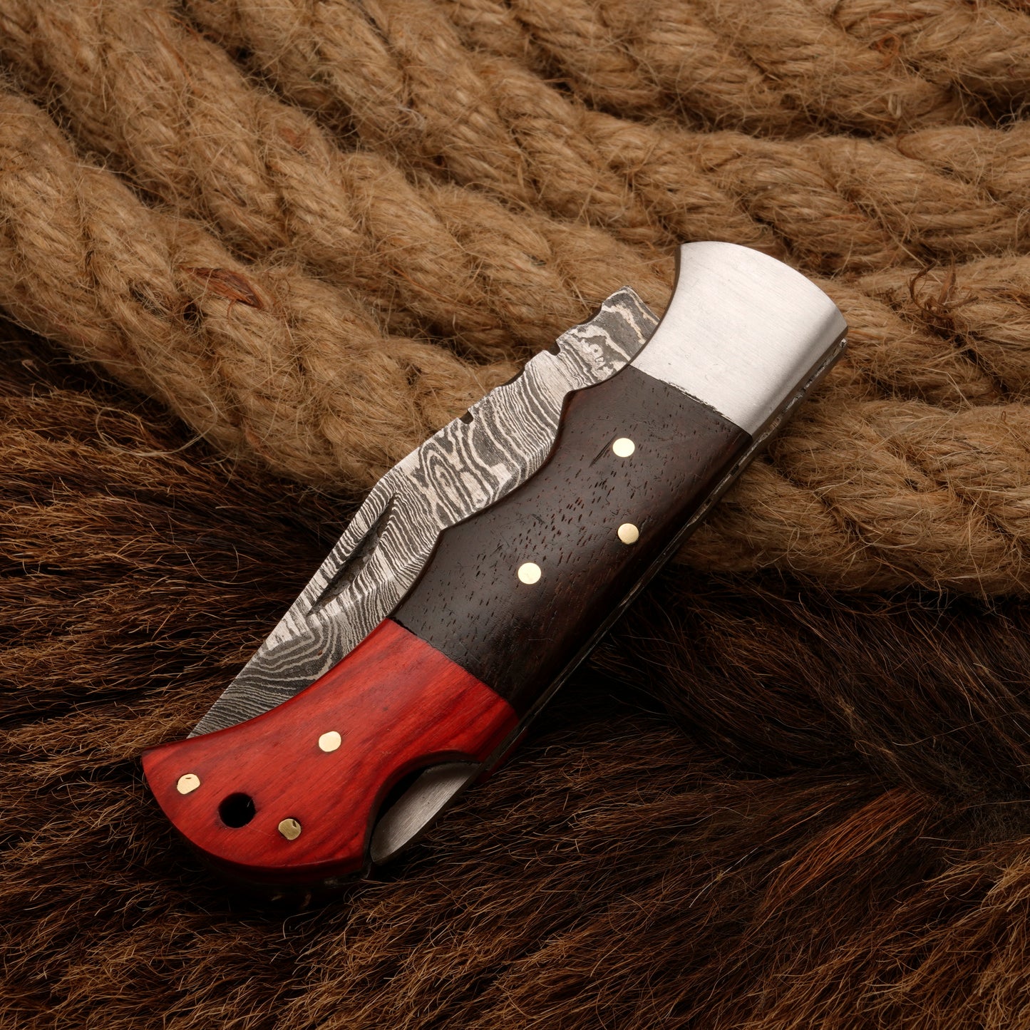 7" Handmade Damascus Steel Hunting Pocket Knife-Camping Folding Blade With Pakka & Rose Wood Handle