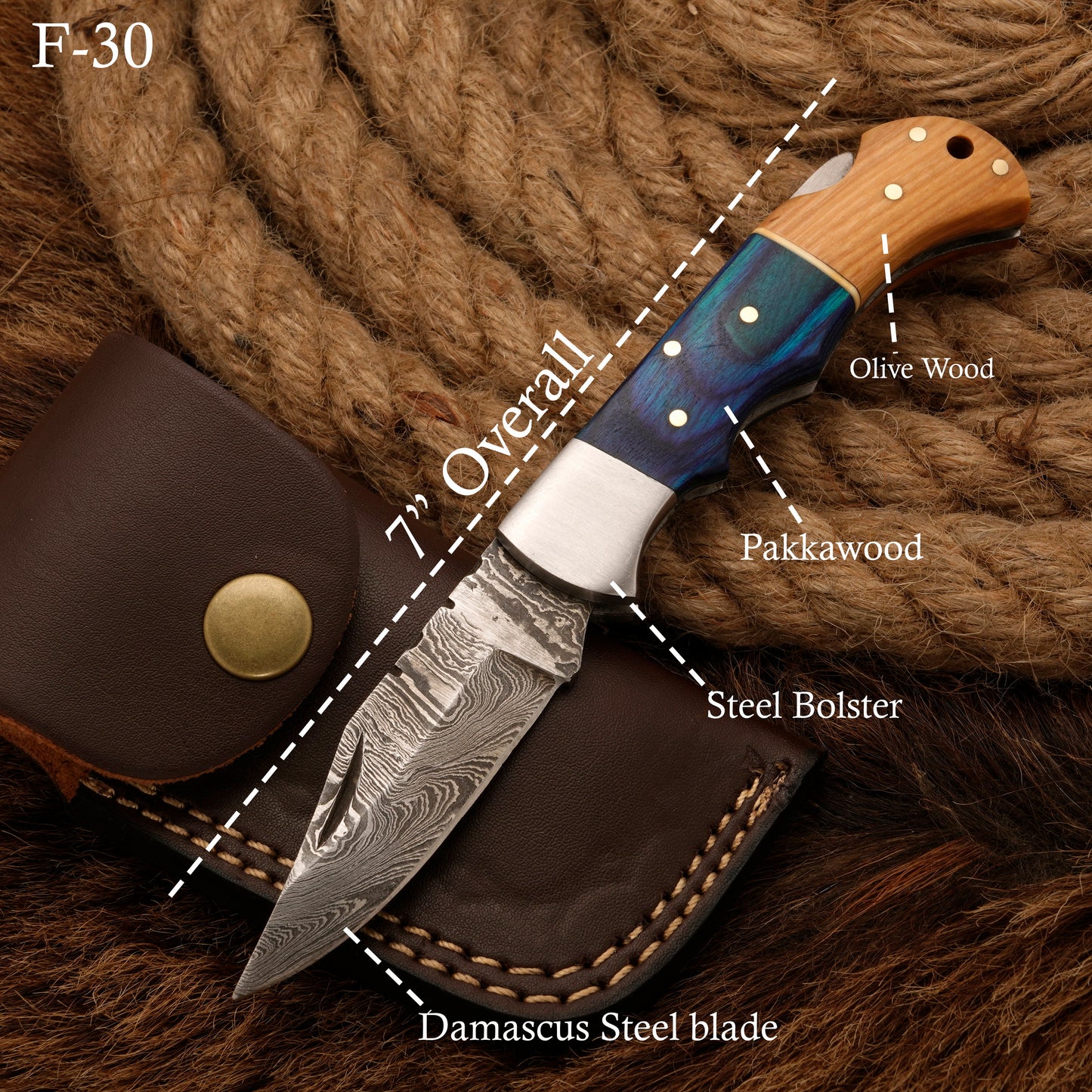 7" Handmade Damascus Steel Hunting Pocket Knife-Camping Folding Blade With Pakka Wood & Olive Handle