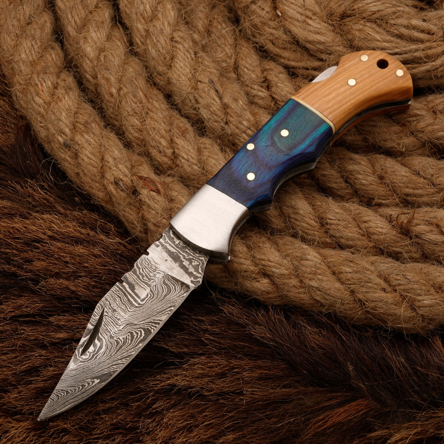 7" Handmade Damascus Steel Hunting Pocket Knife-Camping Folding Blade With Pakka Wood & Olive Handle