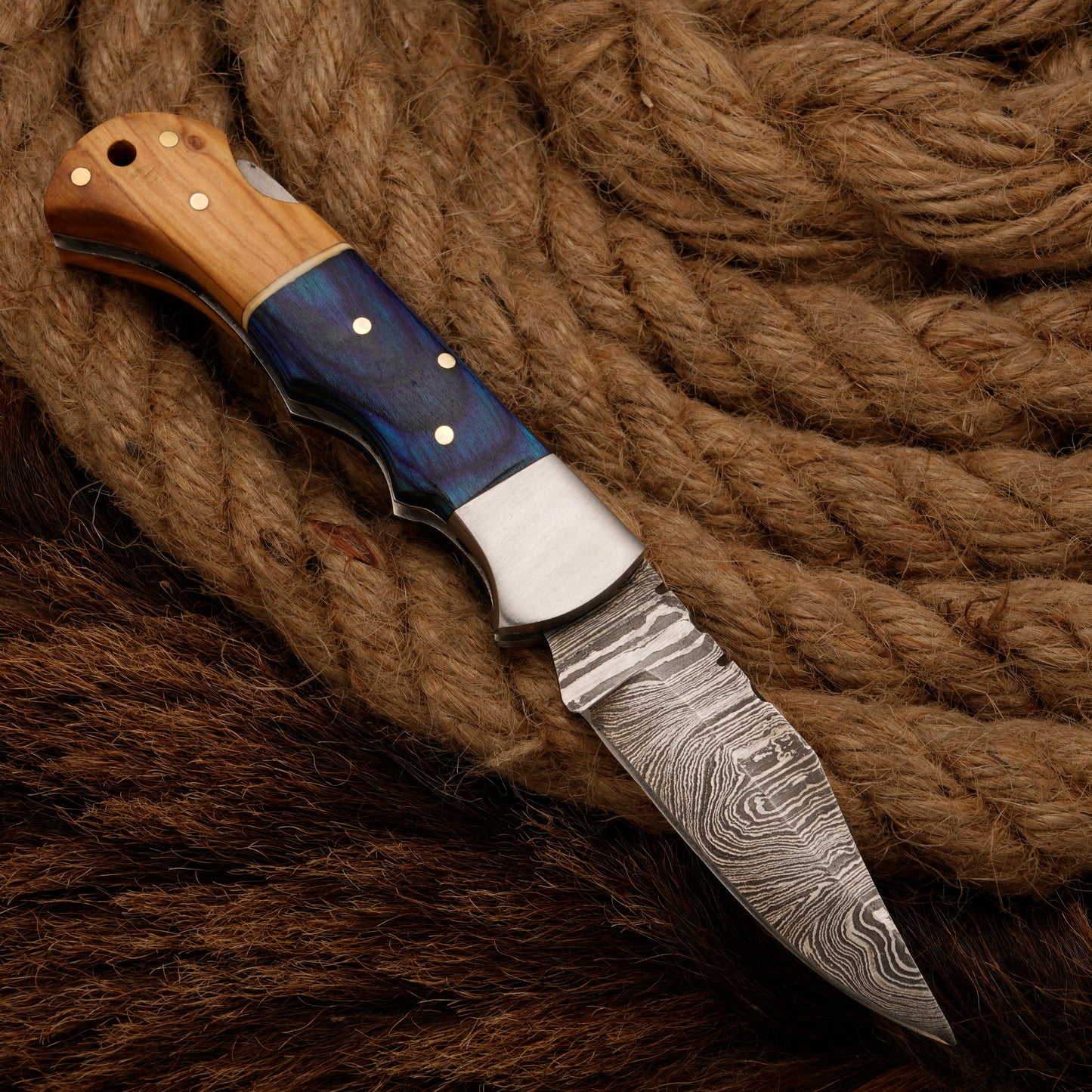 7" Handmade Damascus Steel Hunting Pocket Knife-Camping Folding Blade With Pakka Wood & Olive Handle