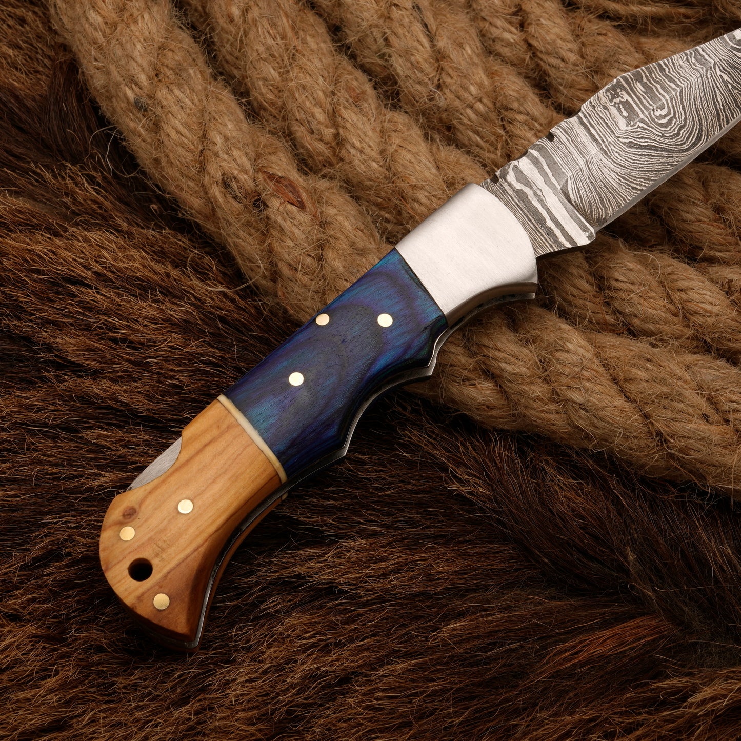 7" Handmade Damascus Steel Hunting Pocket Knife-Camping Folding Blade With Pakka Wood & Olive Handle