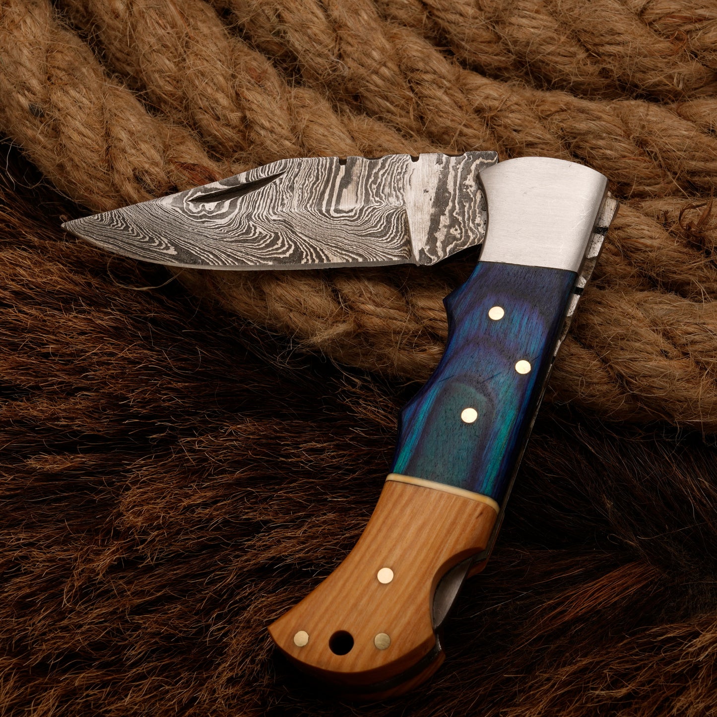 7" Handmade Damascus Steel Hunting Pocket Knife-Camping Folding Blade With Pakka Wood & Olive Handle