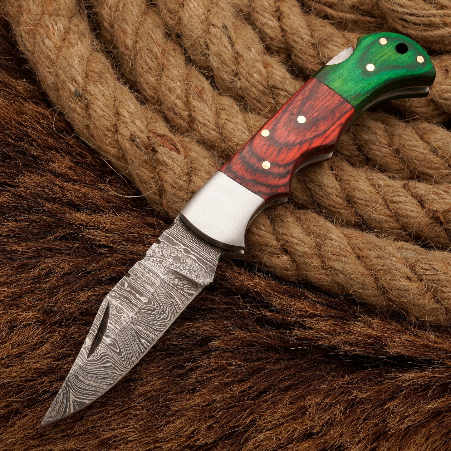 7" Handmade Damascus Steel Hunting Pocket Knife-Camping Folding Blade With Pakka Wood Handle