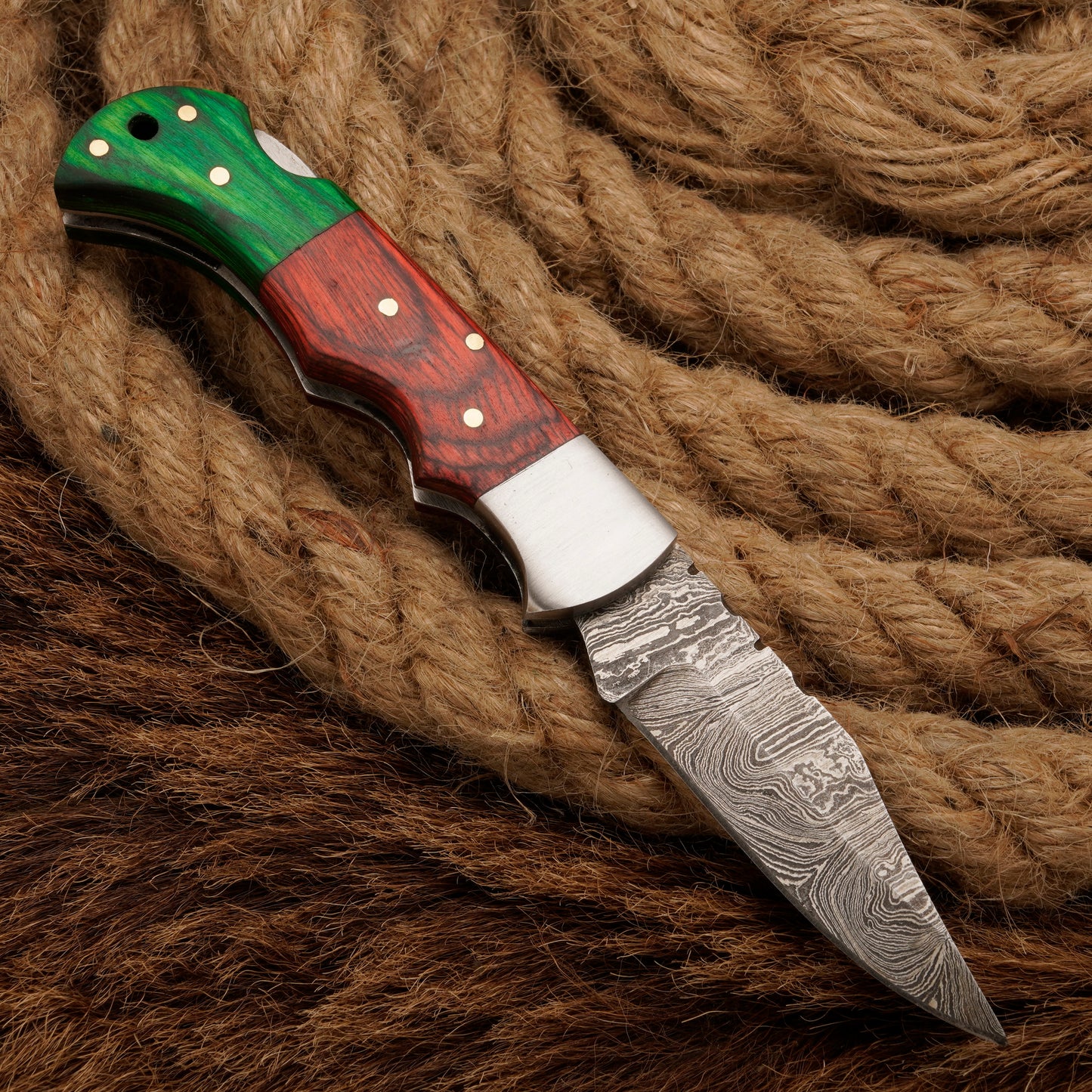 7" Handmade Damascus Steel Hunting Pocket Knife-Camping Folding Blade With Pakka Wood Handle