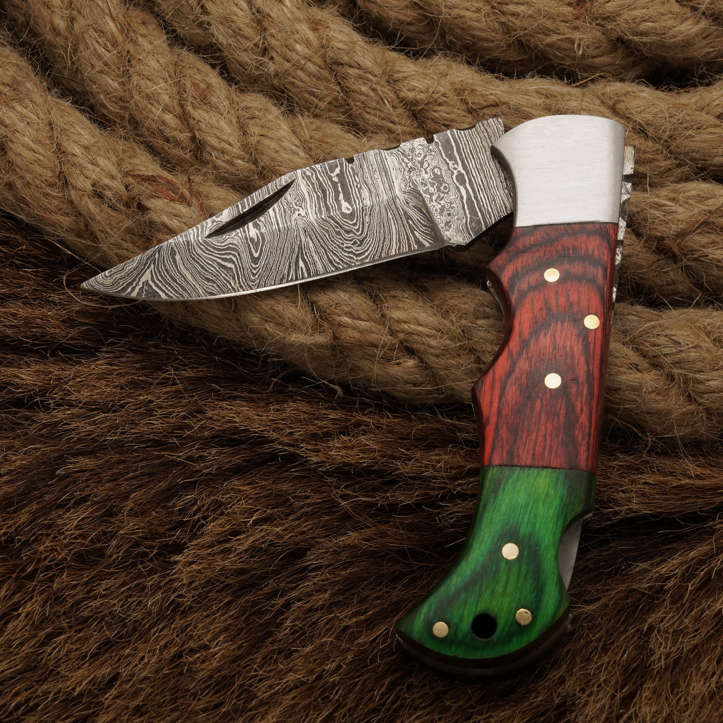 7" Handmade Damascus Steel Hunting Pocket Knife-Camping Folding Blade With Pakka Wood Handle