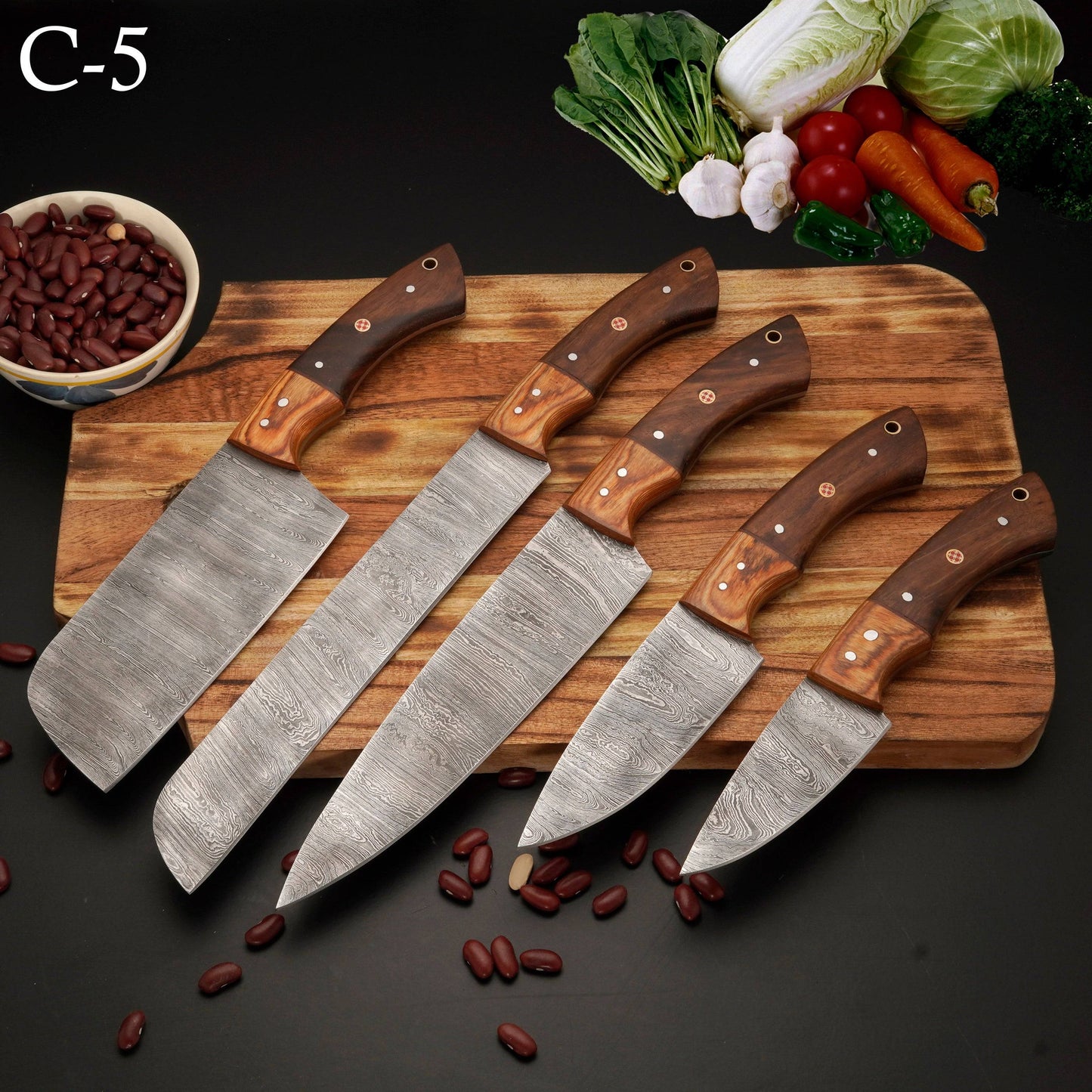 Custom Hand Made Forged Damascus Steel Chef Knife Set Kitchen Knives With Wood Handle