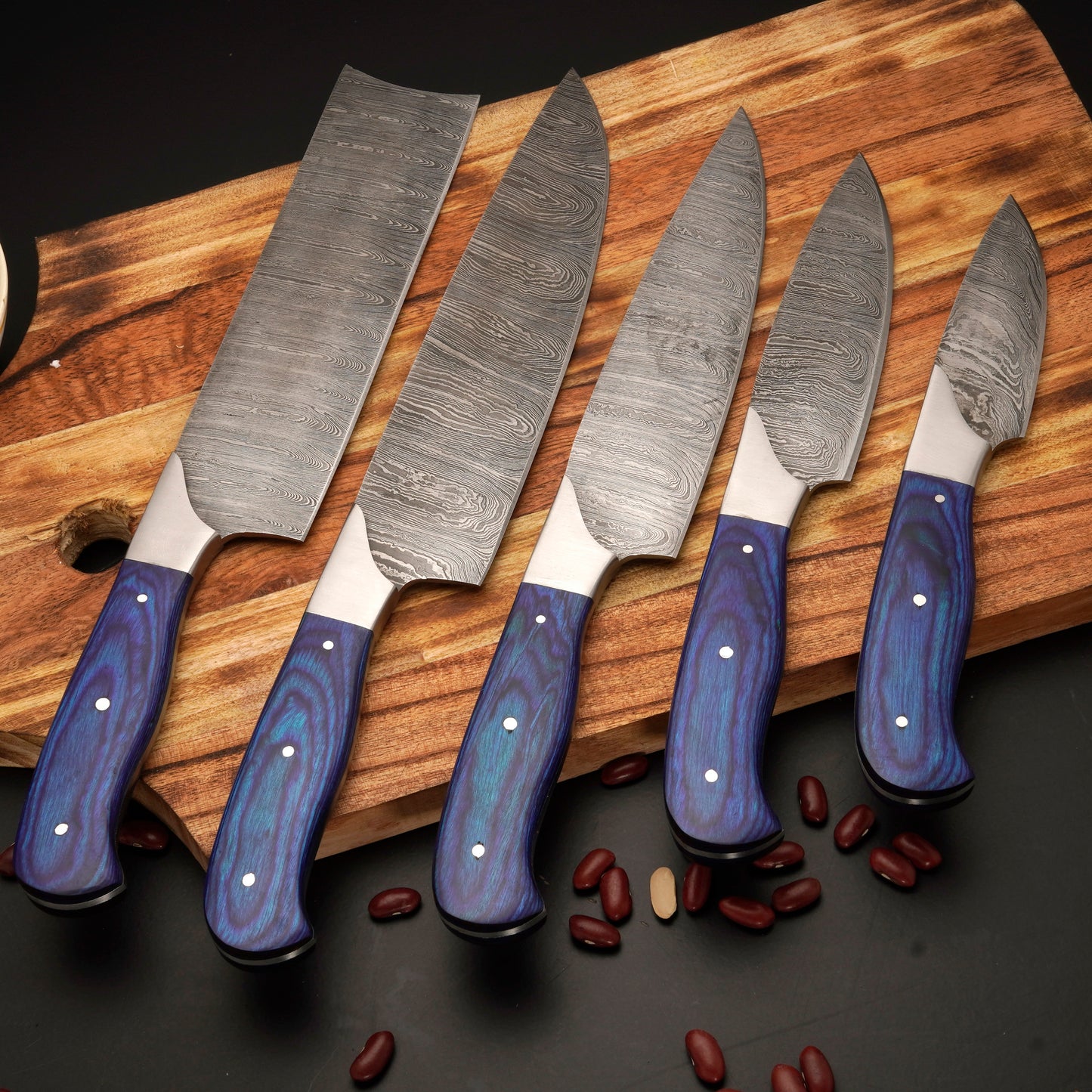 The Blue Rose | Damascus 5 Piece Chef Knife Set & Leather Roll