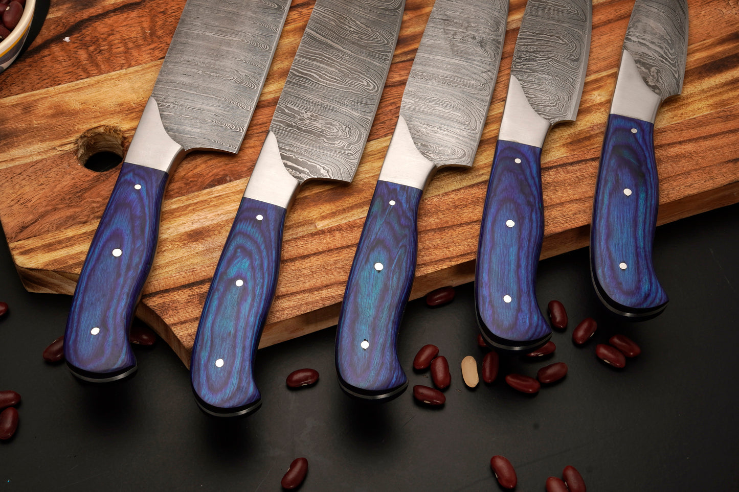 The Blue Rose | Damascus 5 Piece Chef Knife Set & Leather Roll