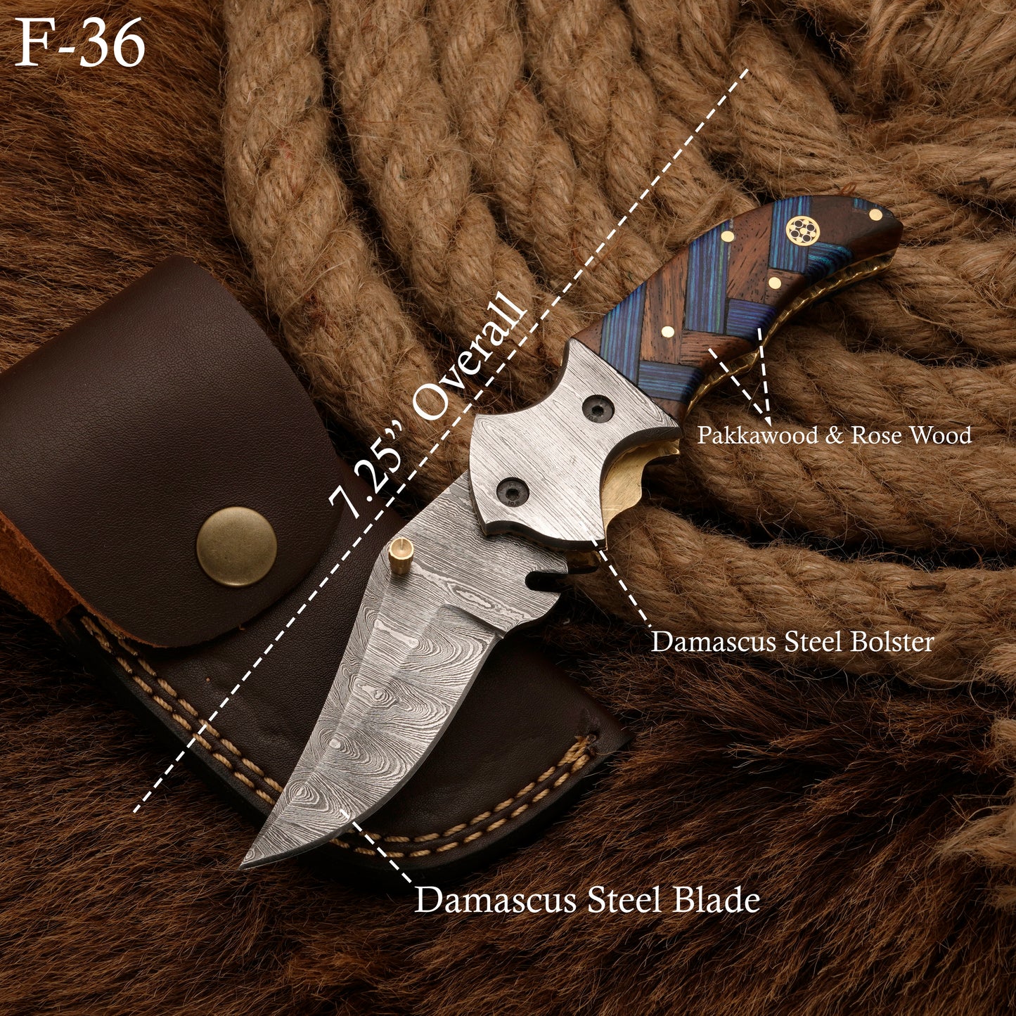 Handmade Damascus Steel Hunting Pocket Knife - Camping Folding Blade With Damascus steel Bolster