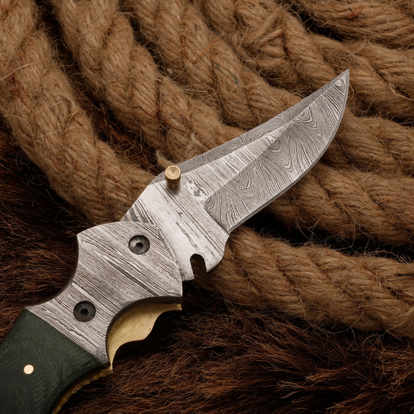 7" Handmade Forged Damascus Pocket Folding Knife - Green Micarta Wood Handle - Damascus Bolster