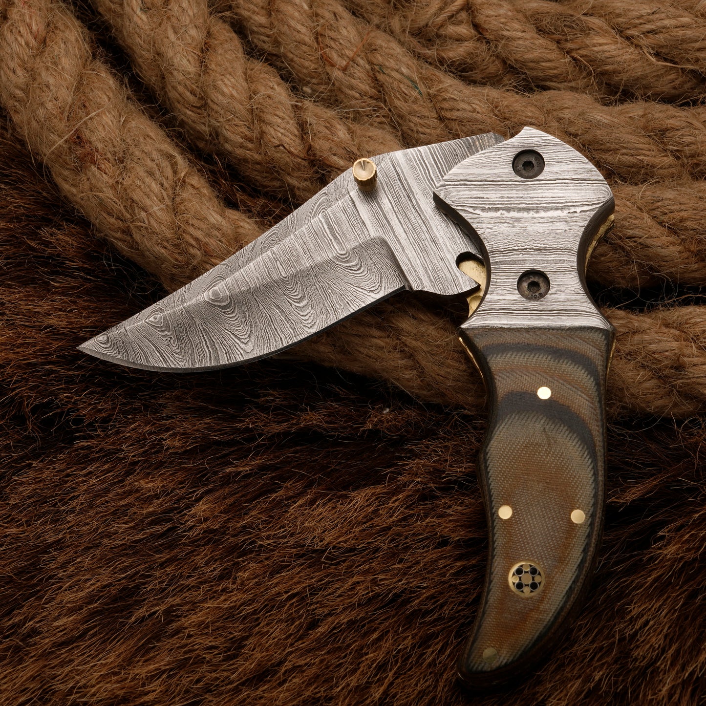 EDC-Handmade Forged Damascus Pocket Folding Knife-Micarta Wood Handle-Damascus Bolster