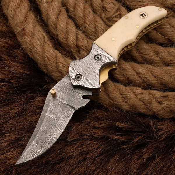 Handmade Damascus Pocket Knife with Bone Handle - 3