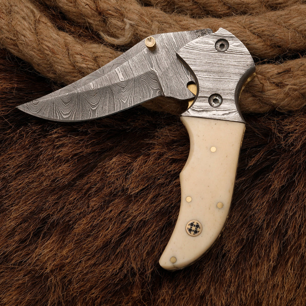 Handmade Damascus Pocket Knife with Bone Handle - 3
