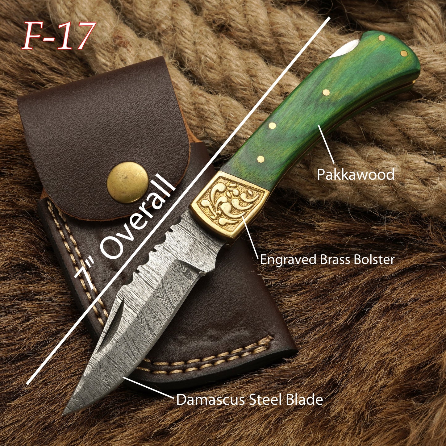 Handcraft Damascus Steel Pocket Knife-Engraved Brass Bolster Folding Knife With Pakkawood Handle