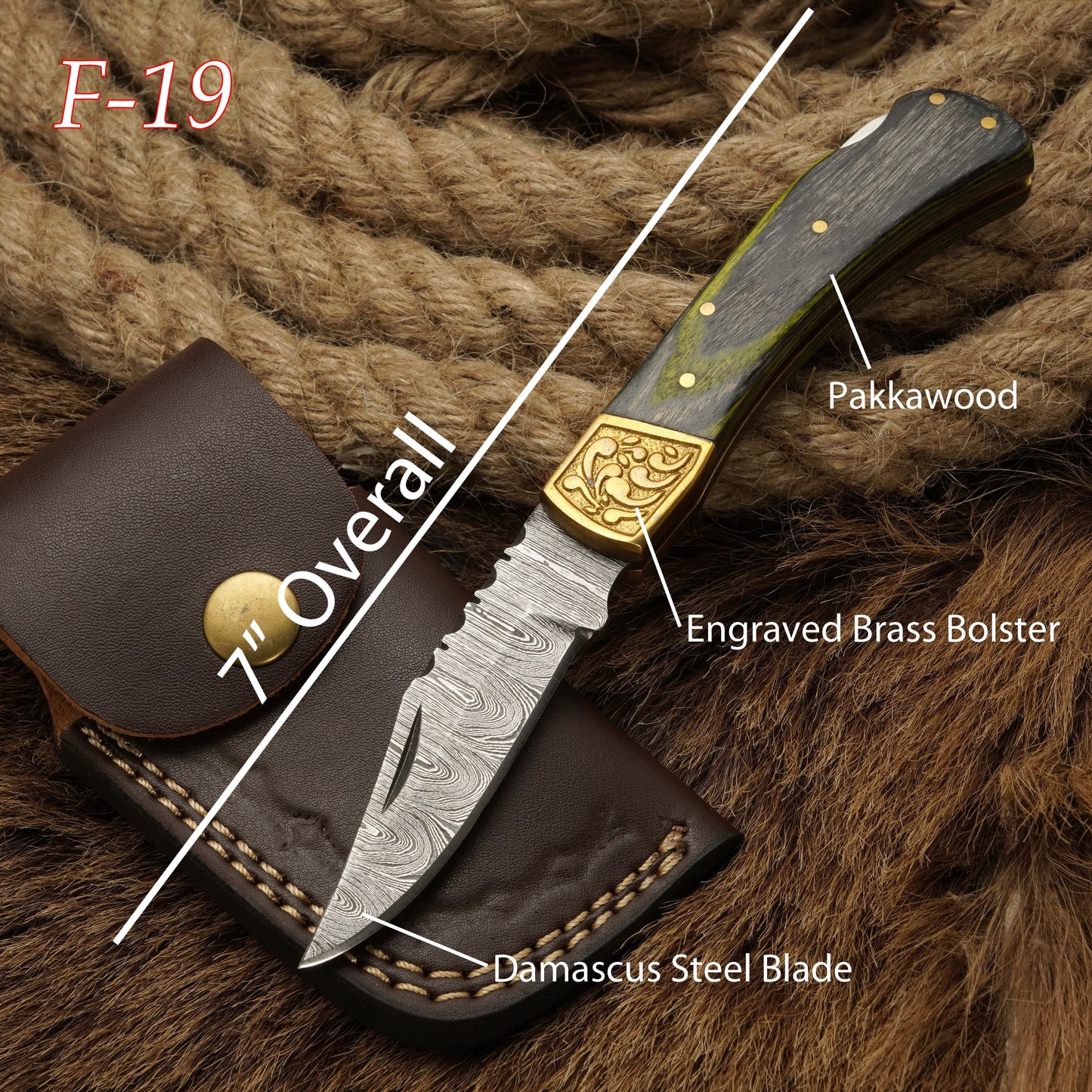 7” Handcraft Damascus Steel Pocket Knife-Engraved Brass Bolster Folding Knife With Pakkawood Handle