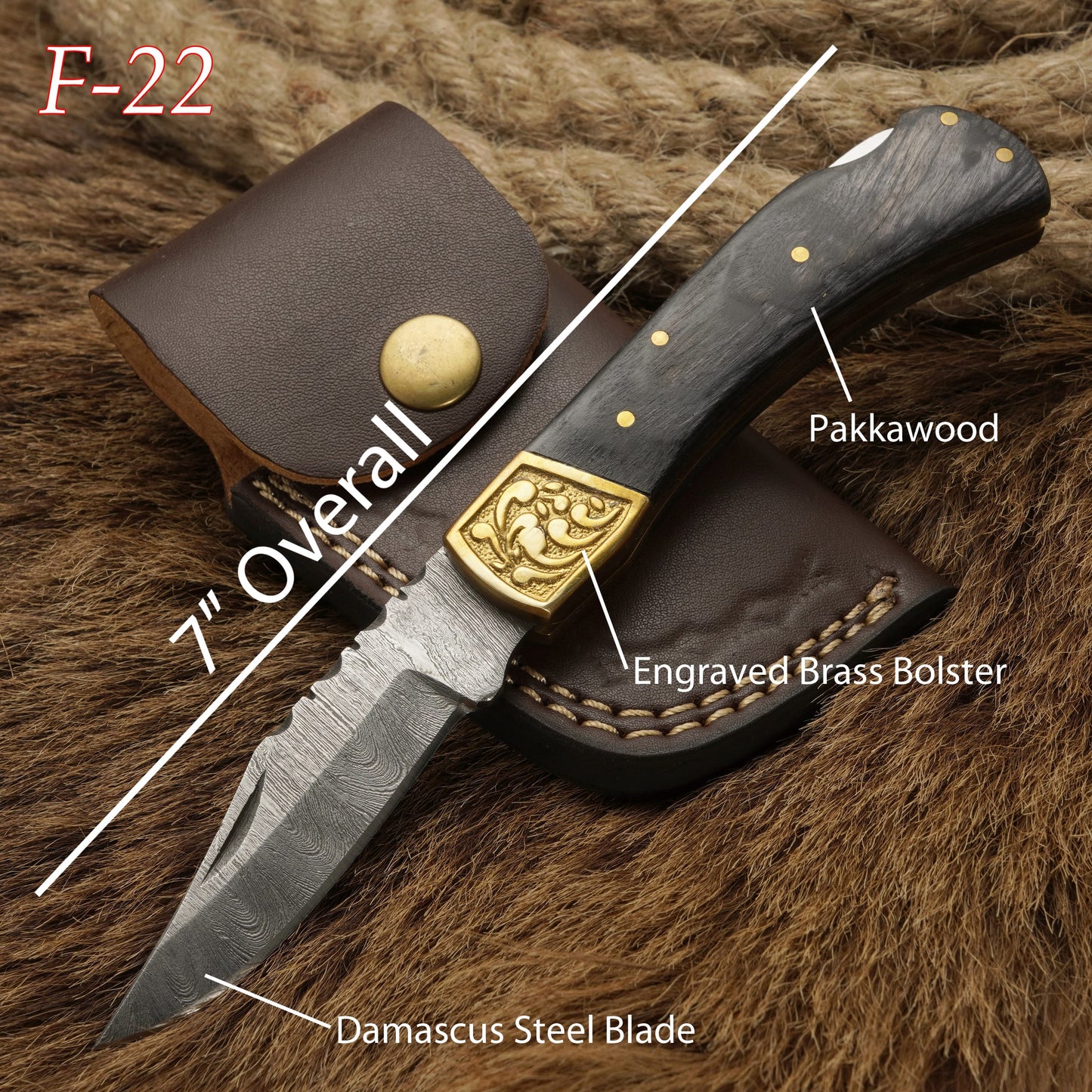 7” Handmade Damascus Steel Folding Pocket Knife - Engraved Brass Bolster & Pakkawood Handle for Hunting & Camping