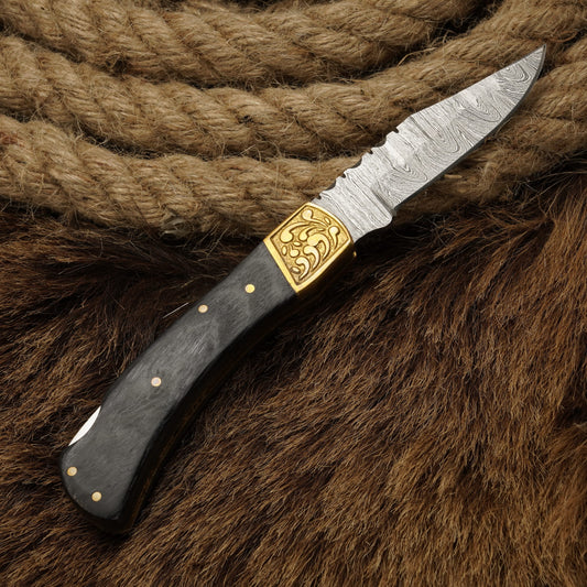 7” Handmade Damascus Steel Folding Pocket Knife - Engraved Brass Bolster & Pakkawood Handle for Hunting & Camping