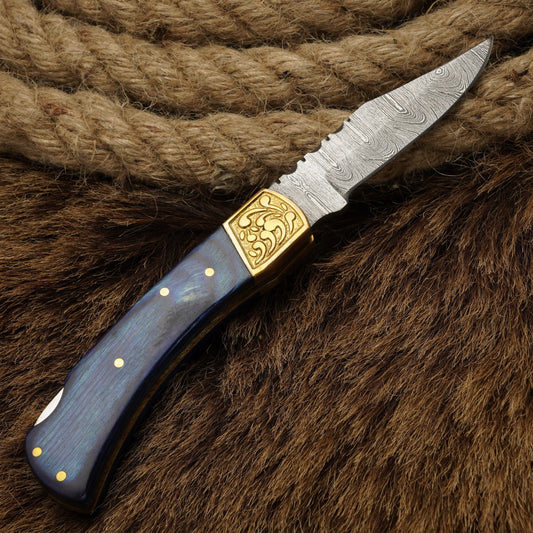 7” Custom Handmade Damascus Steel Pocket Knife-Engraved Brass Bolster Folding Knife With Pakkawood Handle