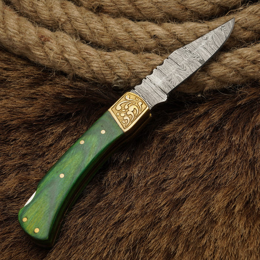 Handcraft Damascus Steel Pocket Knife-Engraved Brass Bolster Folding Knife With Pakkawood Handle