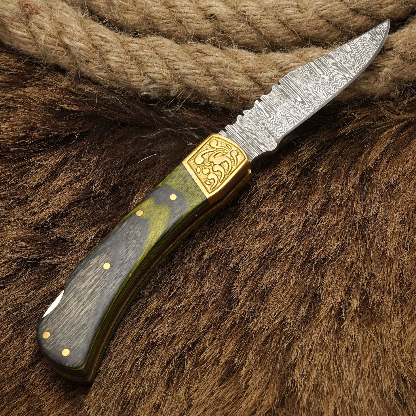 7” Handcraft Damascus Steel Pocket Knife-Engraved Brass Bolster Folding Knife With Pakkawood Handle