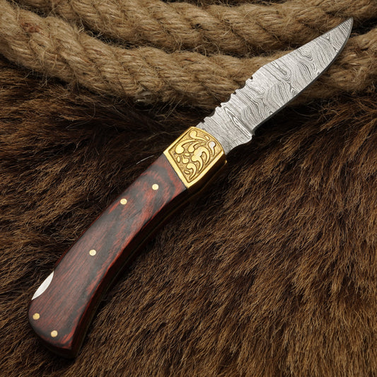 Handcraft Damascus Steel Pocket Knife-Engraved Brass Bolster Folding Knife With Pakkawood Handle