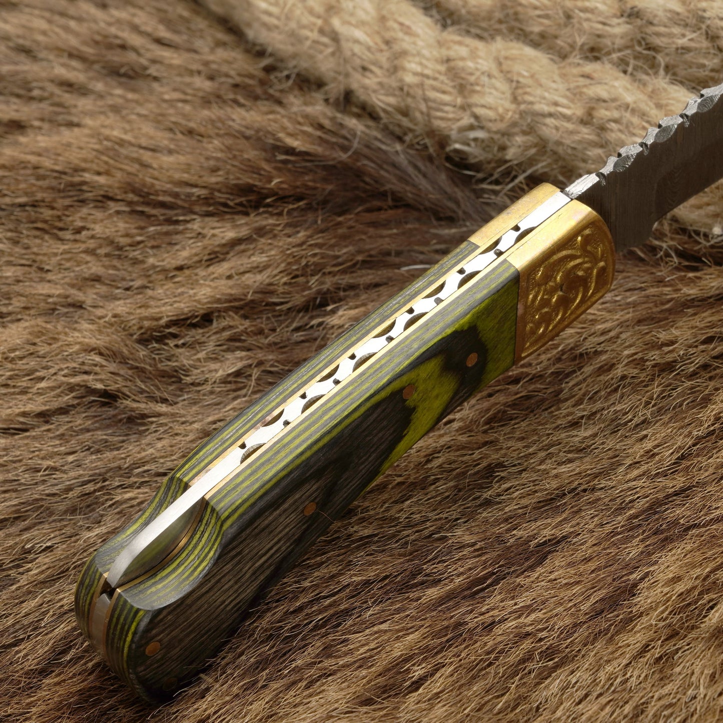 7” Handcraft Damascus Steel Pocket Knife-Engraved Brass Bolster Folding Knife With Pakkawood Handle