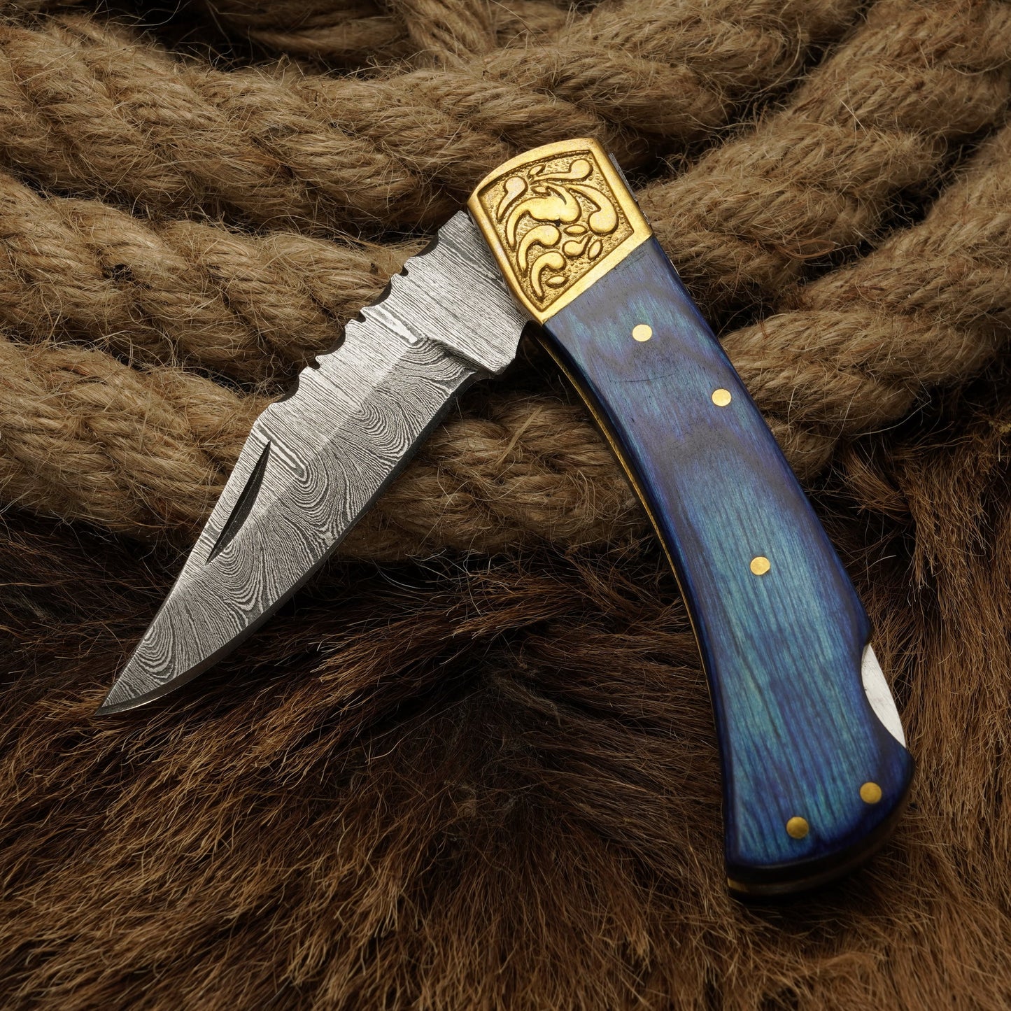 7” Custom Handmade Damascus Steel Pocket Knife-Engraved Brass Bolster Folding Knife With Pakkawood Handle