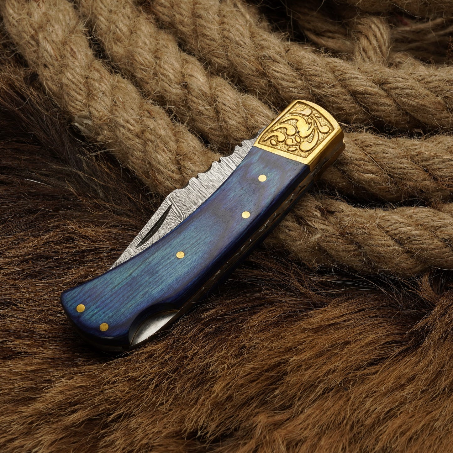 7” Custom Handmade Damascus Steel Pocket Knife-Engraved Brass Bolster Folding Knife With Pakkawood Handle