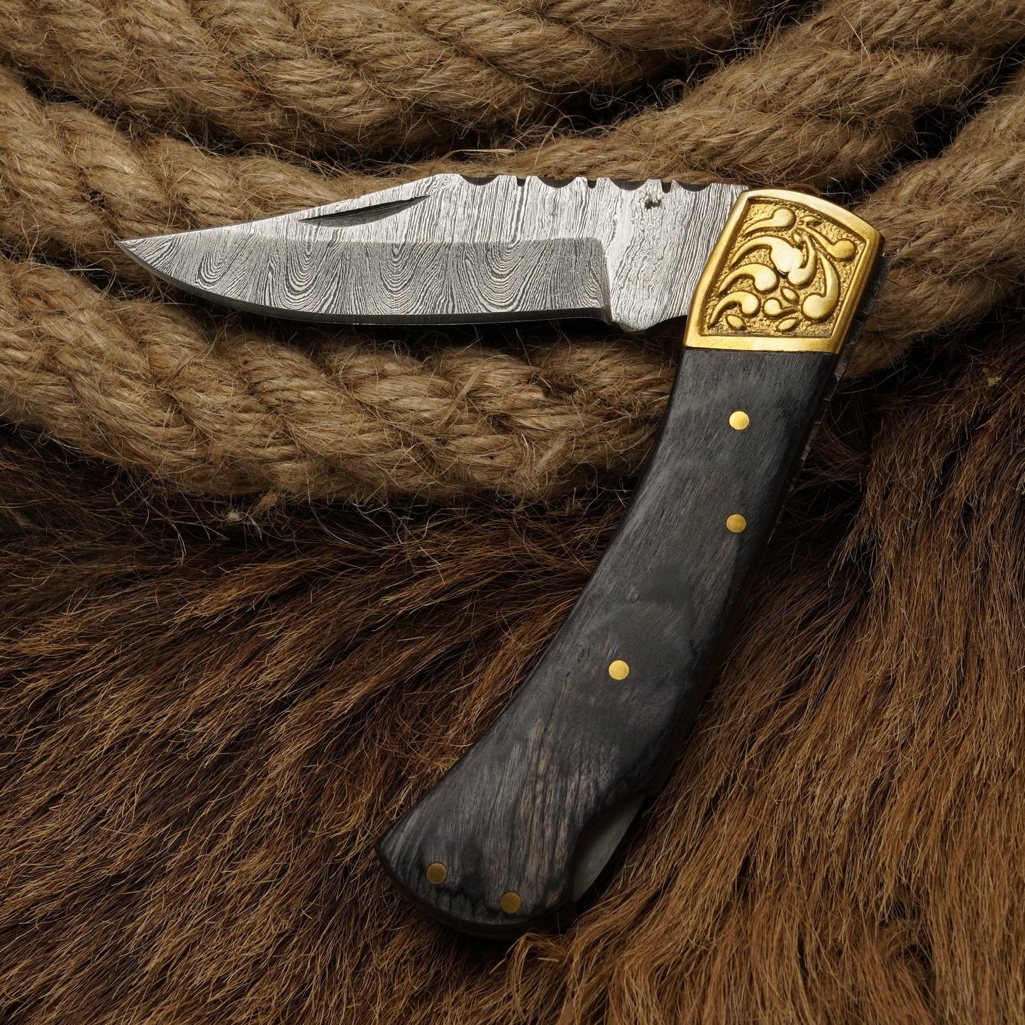 7” Handmade Damascus Steel Folding Pocket Knife - Engraved Brass Bolster & Pakkawood Handle for Hunting & Camping