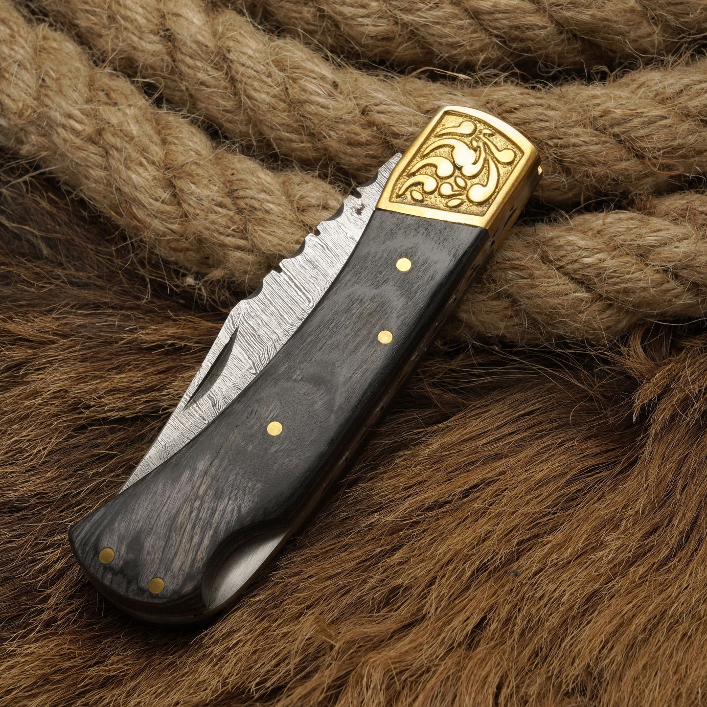 7” Handmade Damascus Steel Folding Pocket Knife - Engraved Brass Bolster & Pakkawood Handle for Hunting & Camping