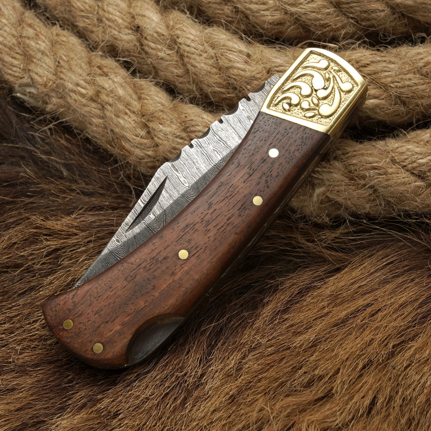 7” Handmade Damascus Steel Pocket Knife-Engraved Brass Bolster Folding Knife With Rosewood Handle