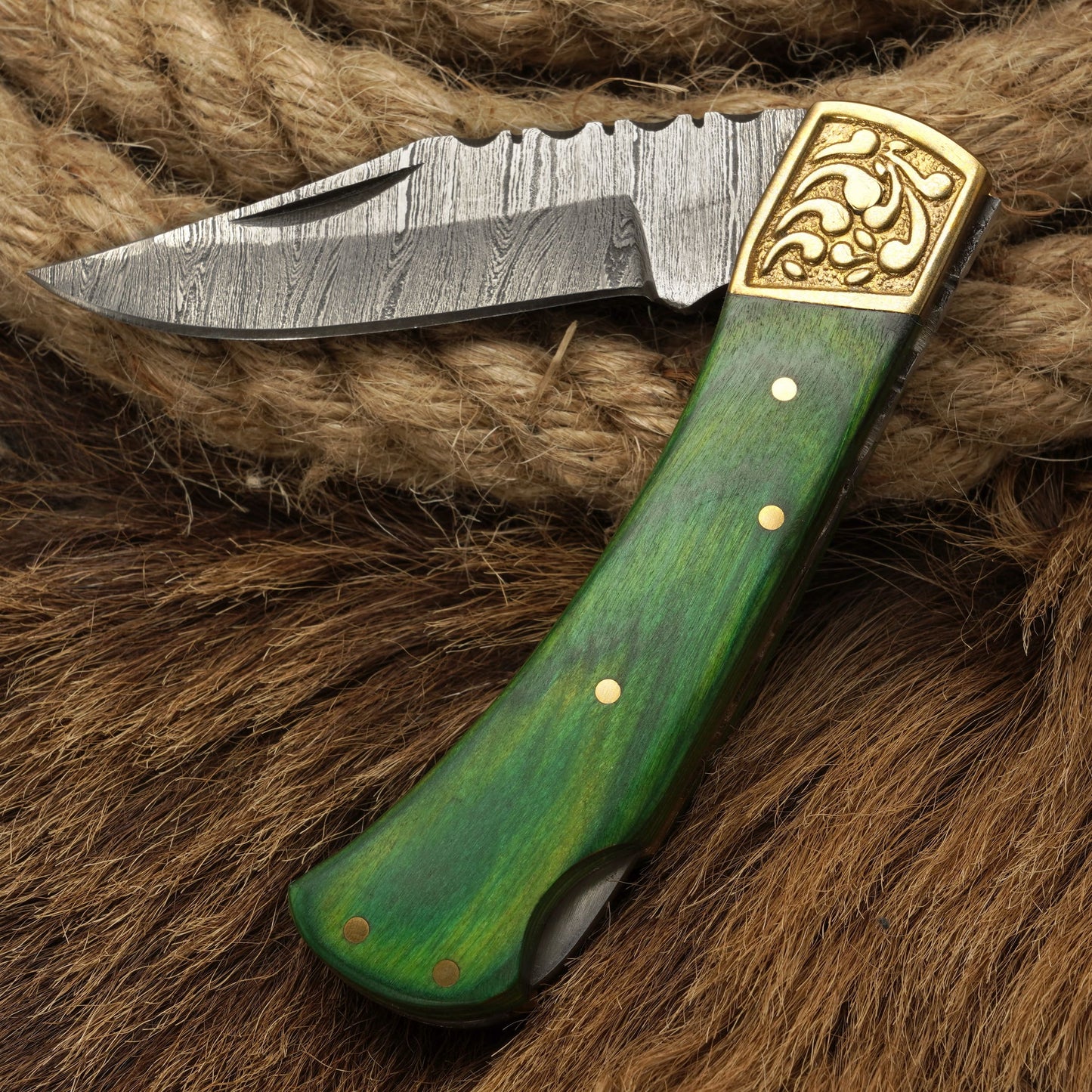 Handcraft Damascus Steel Pocket Knife-Engraved Brass Bolster Folding Knife With Pakkawood Handle