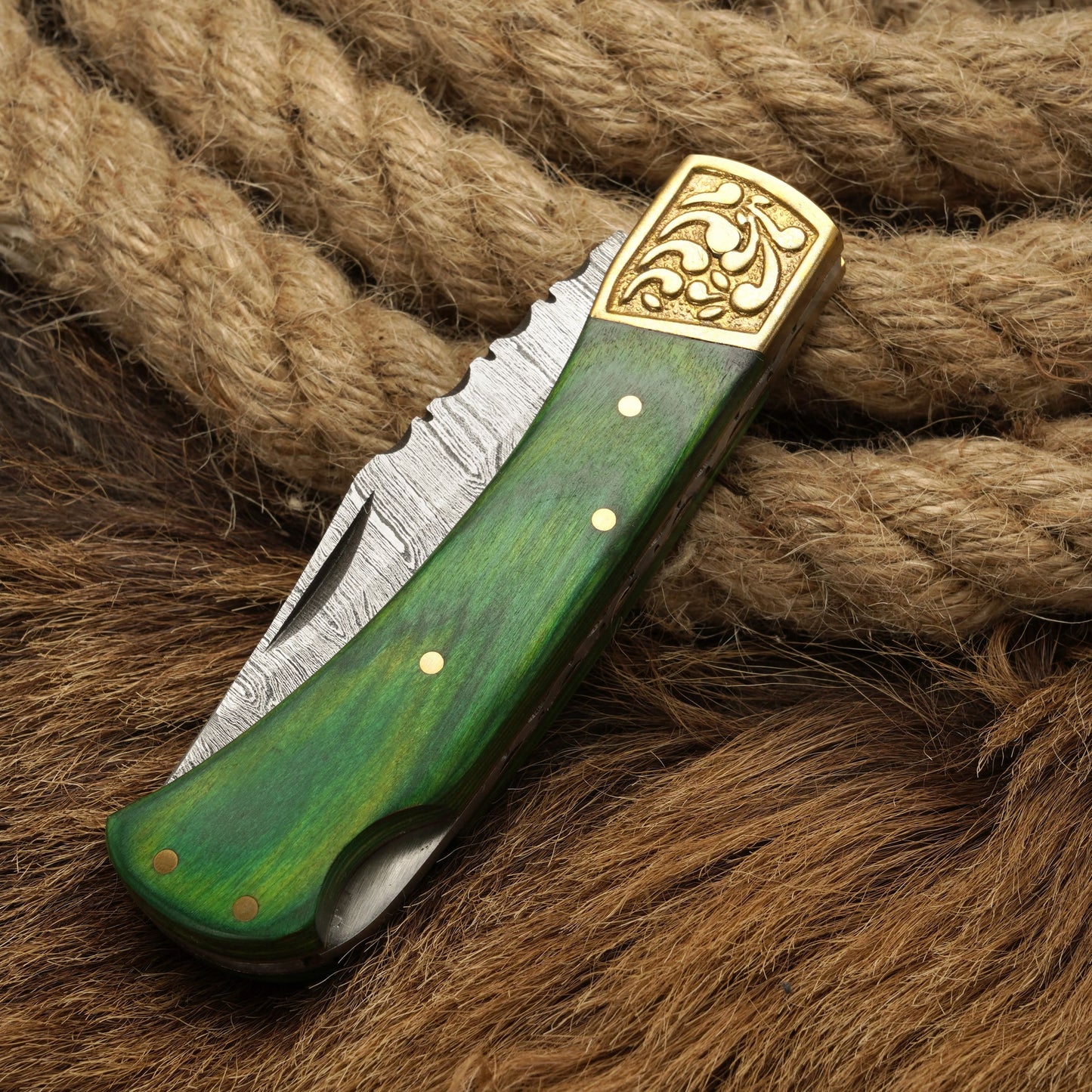 Handcraft Damascus Steel Pocket Knife-Engraved Brass Bolster Folding Knife With Pakkawood Handle