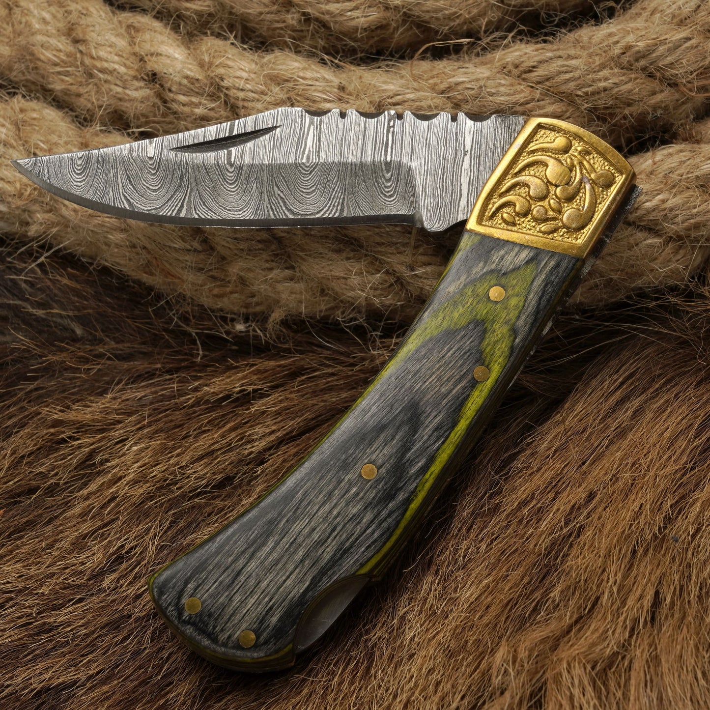 7” Handcraft Damascus Steel Pocket Knife-Engraved Brass Bolster Folding Knife With Pakkawood Handle