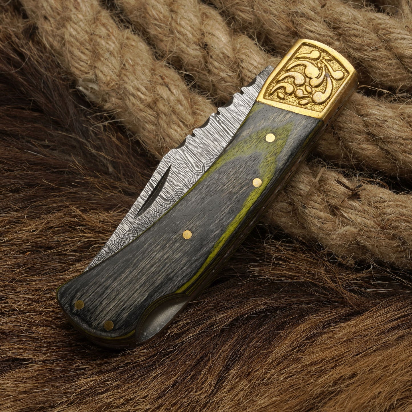 7” Handcraft Damascus Steel Pocket Knife-Engraved Brass Bolster Folding Knife With Pakkawood Handle