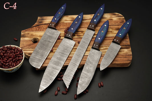 Custom Handmade Forged Damascus Steel Chef Set-Kitchen Knives Set W/ Leather Roll