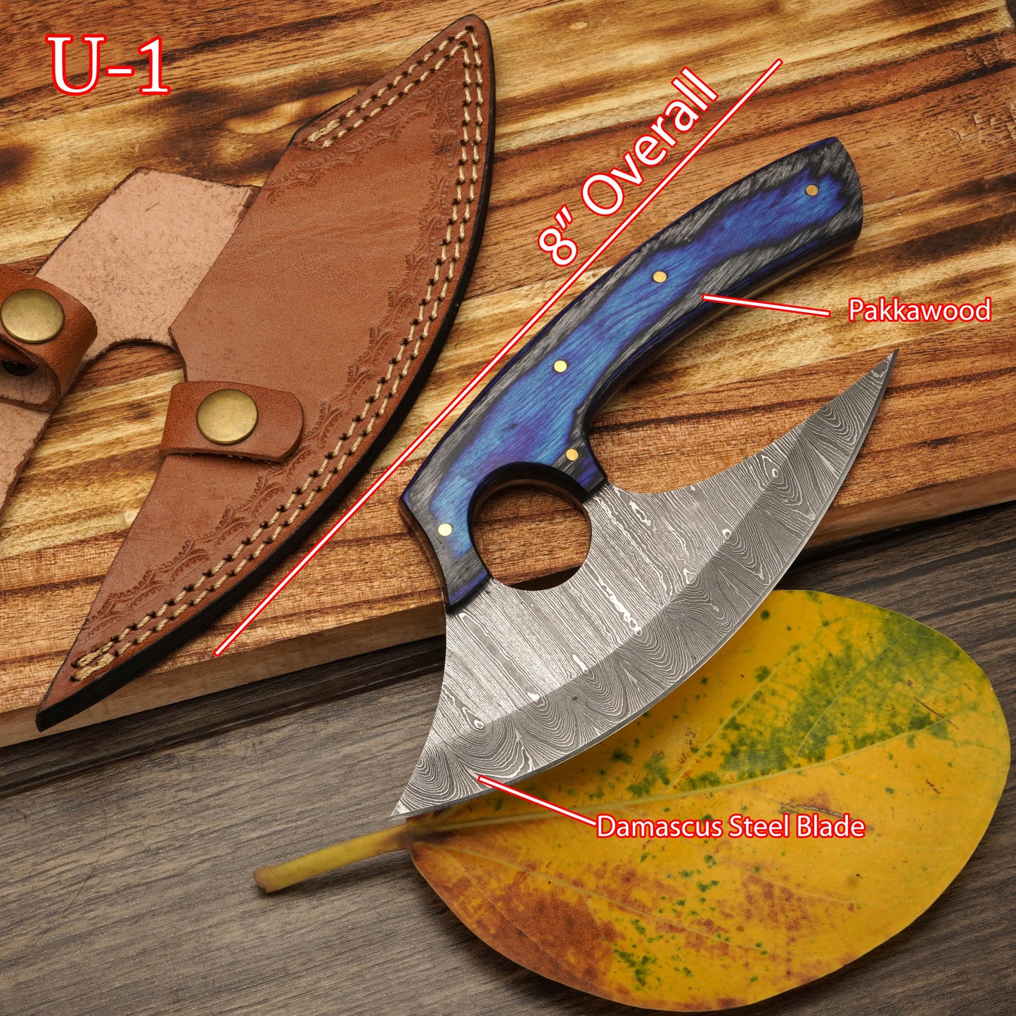 8” Custom Handmade Damascus Steel Ulu Knife - Stag Antler & Pakkawood Handle