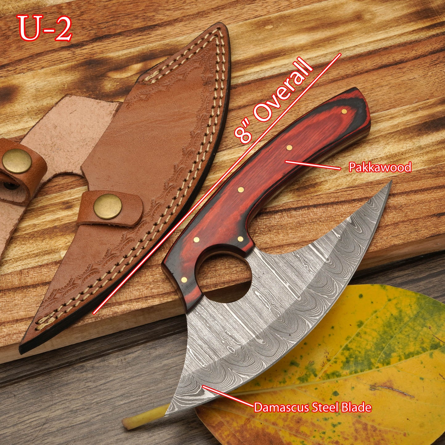 8” Damascus Ulu Knife - Stag Antler & Pakkawood Handle