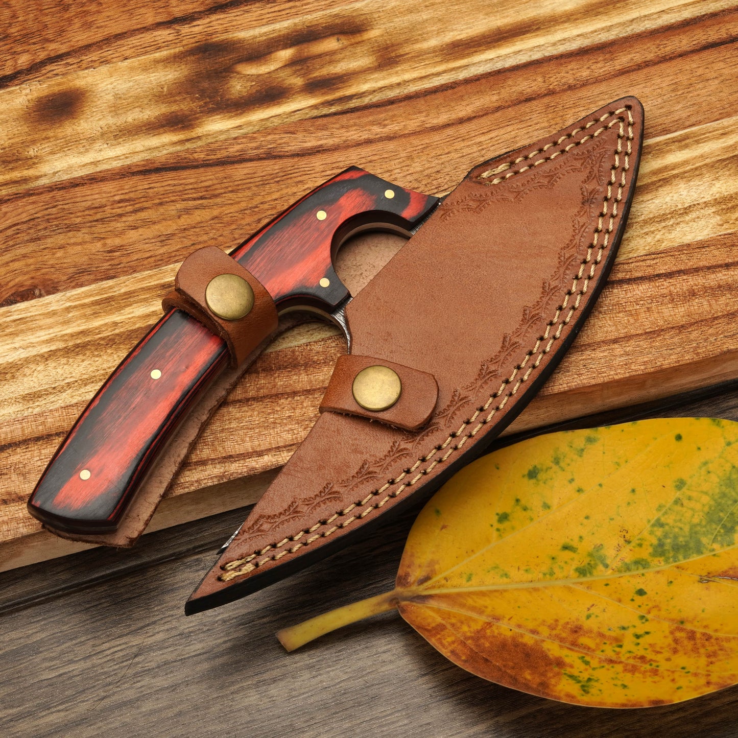 8” Damascus Ulu Knife - Stag Antler & Pakkawood Handle