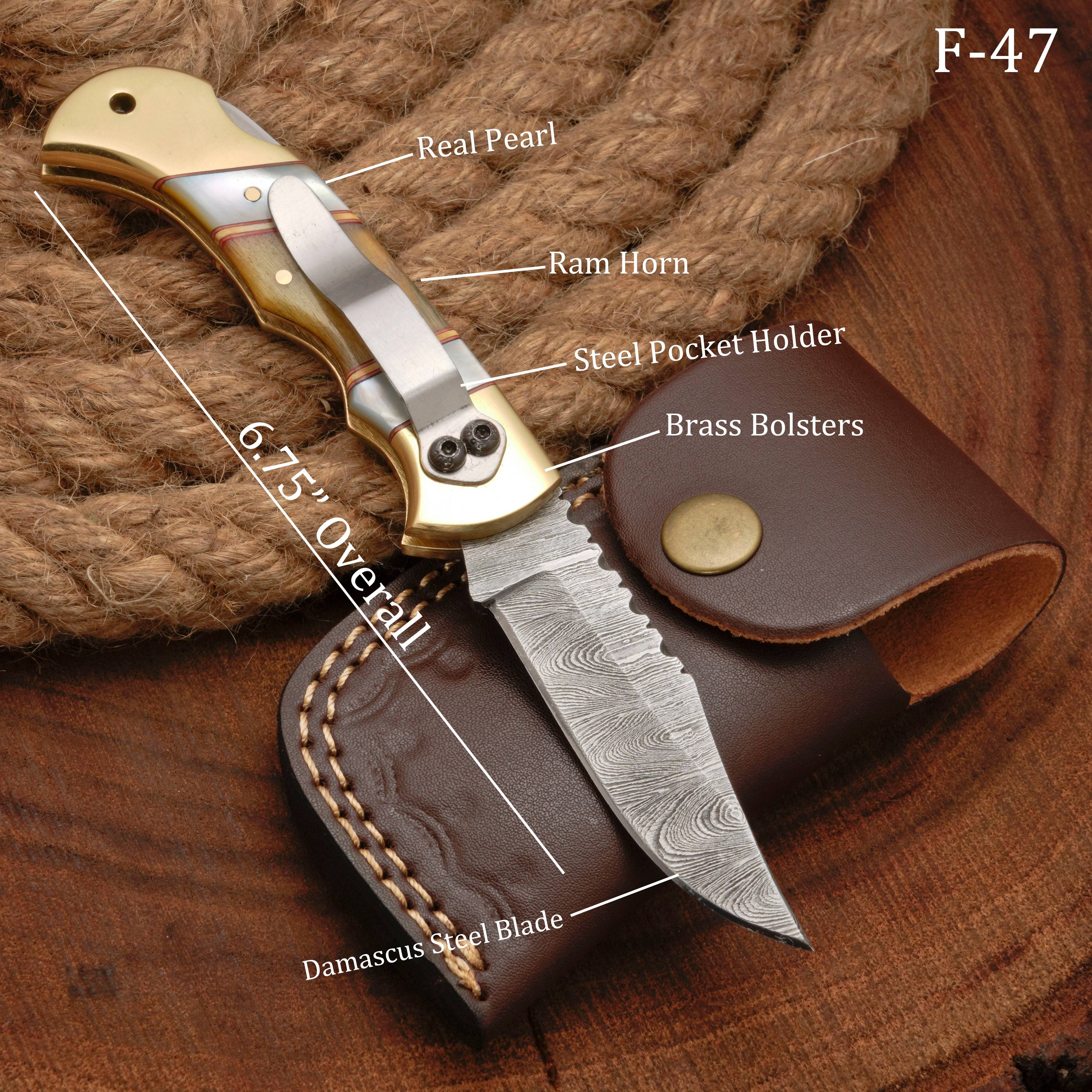 Handmade Damascus Steel Pocket Folding Knife With Real Pearl Ram Horn ...