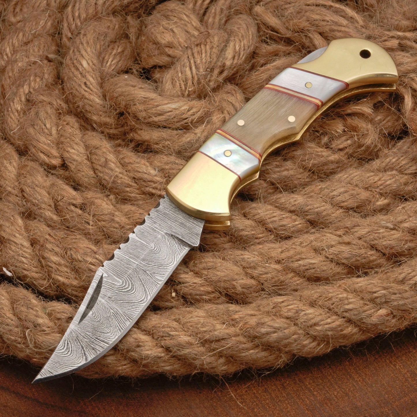 Handmade Damascus Steel Pocket Folding Knife With Real Pearl Ram Horn And Pocket Clip