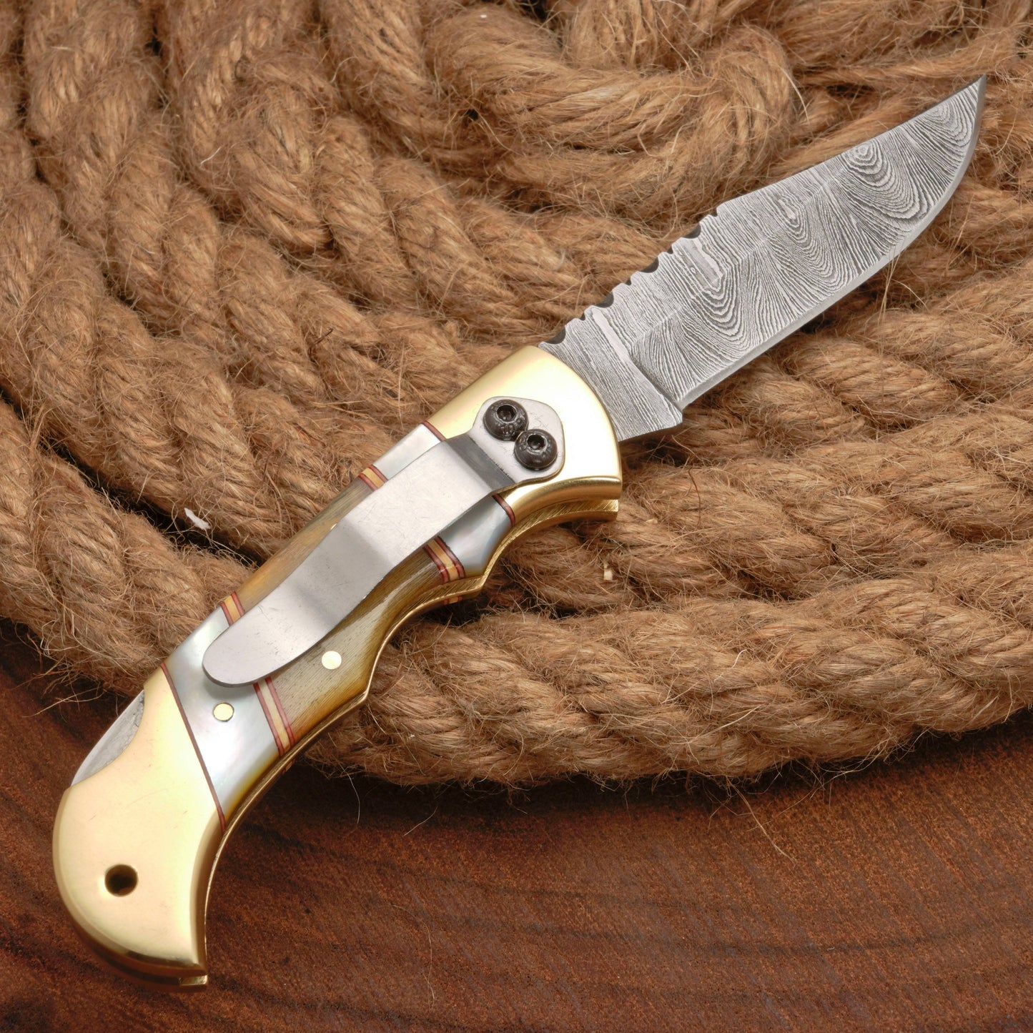 Handmade Damascus Steel Pocket Folding Knife With Real Pearl Ram Horn And Pocket Clip