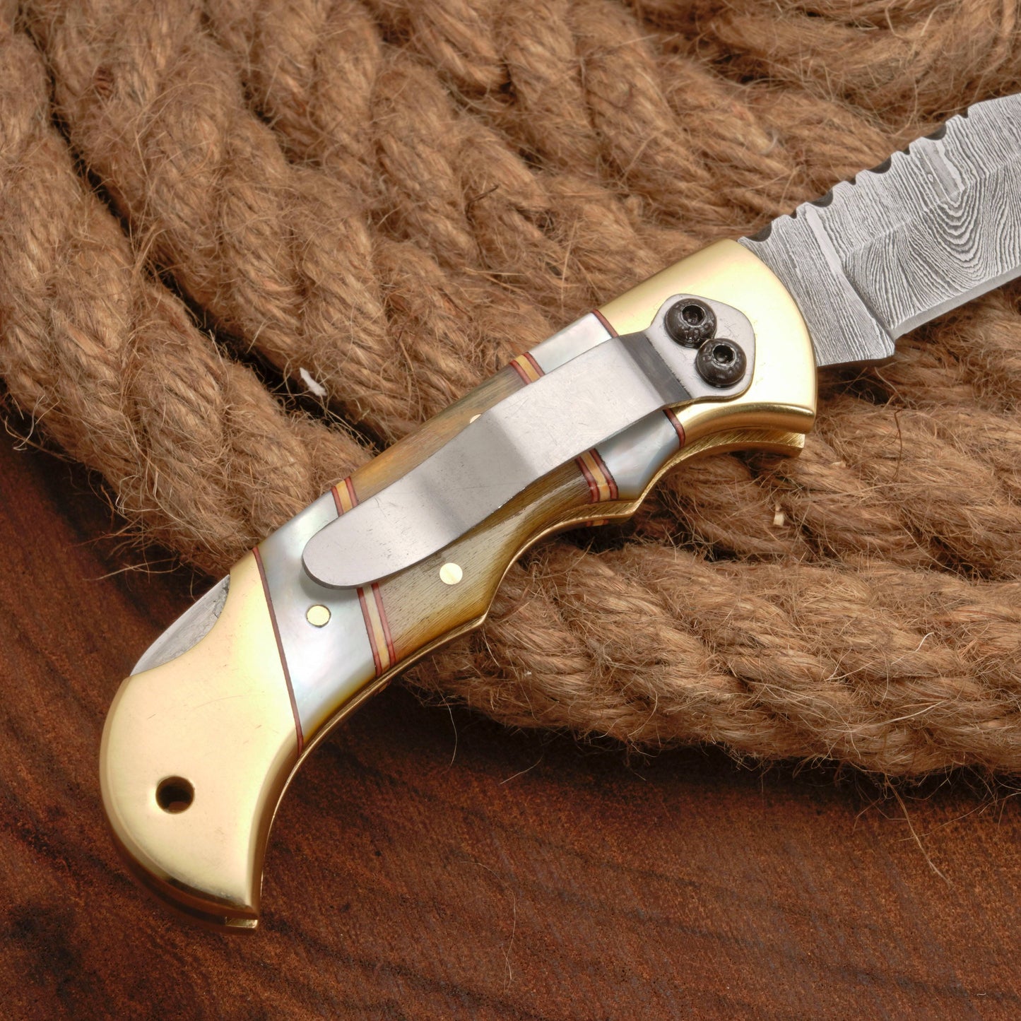 Handmade Damascus Steel Pocket Folding Knife With Real Pearl Ram Horn And Pocket Clip