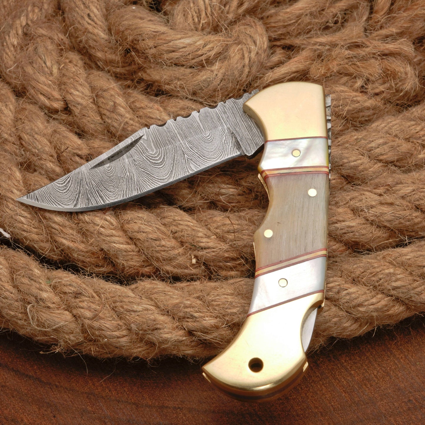 Handmade Damascus Steel Pocket Folding Knife With Real Pearl Ram Horn And Pocket Clip