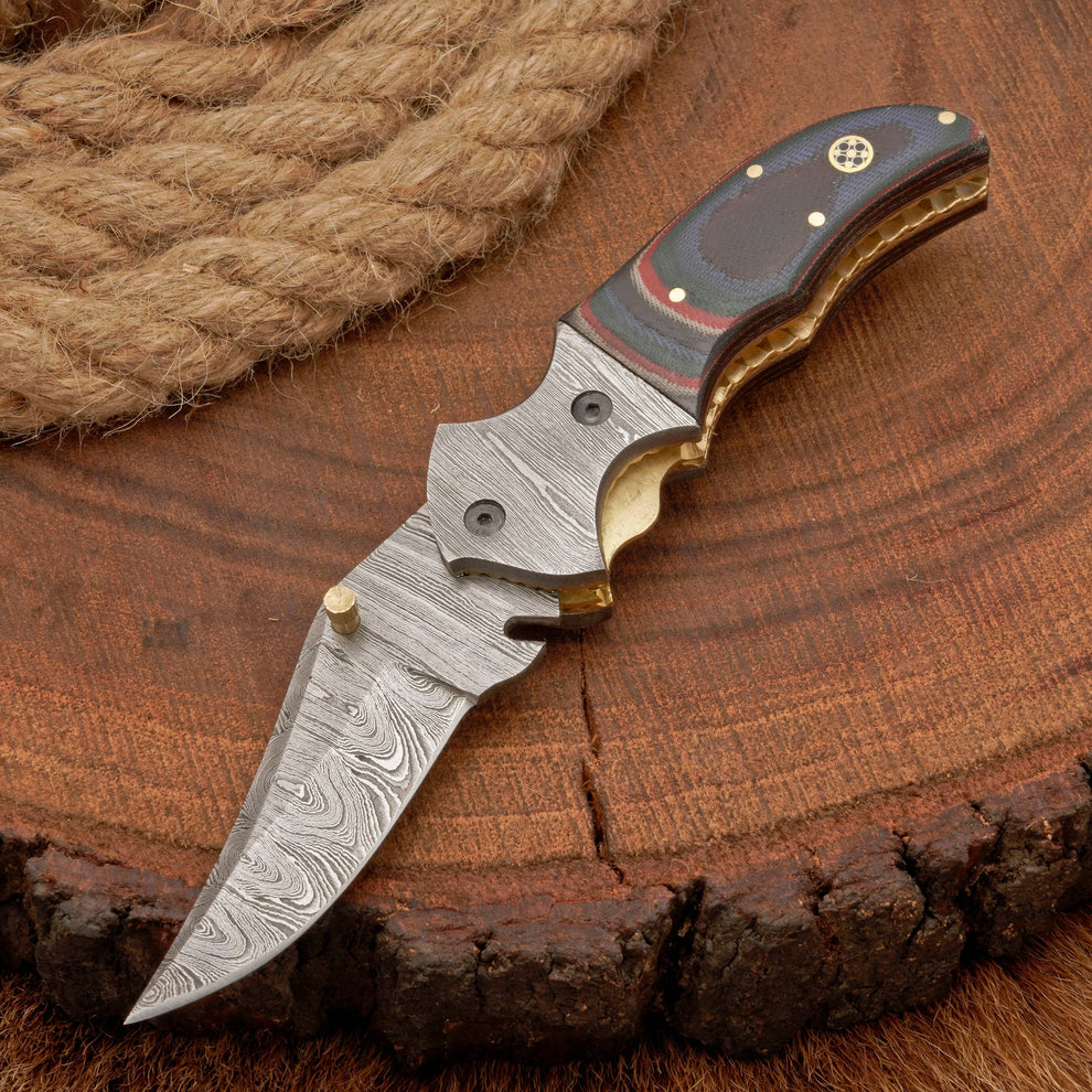 Handmade Damascus Steel EDC Pocket Knife with Back Lock