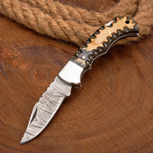 7" Handmade Damascus Hunting Pocket Knife with Clip—Folding Camping Blade