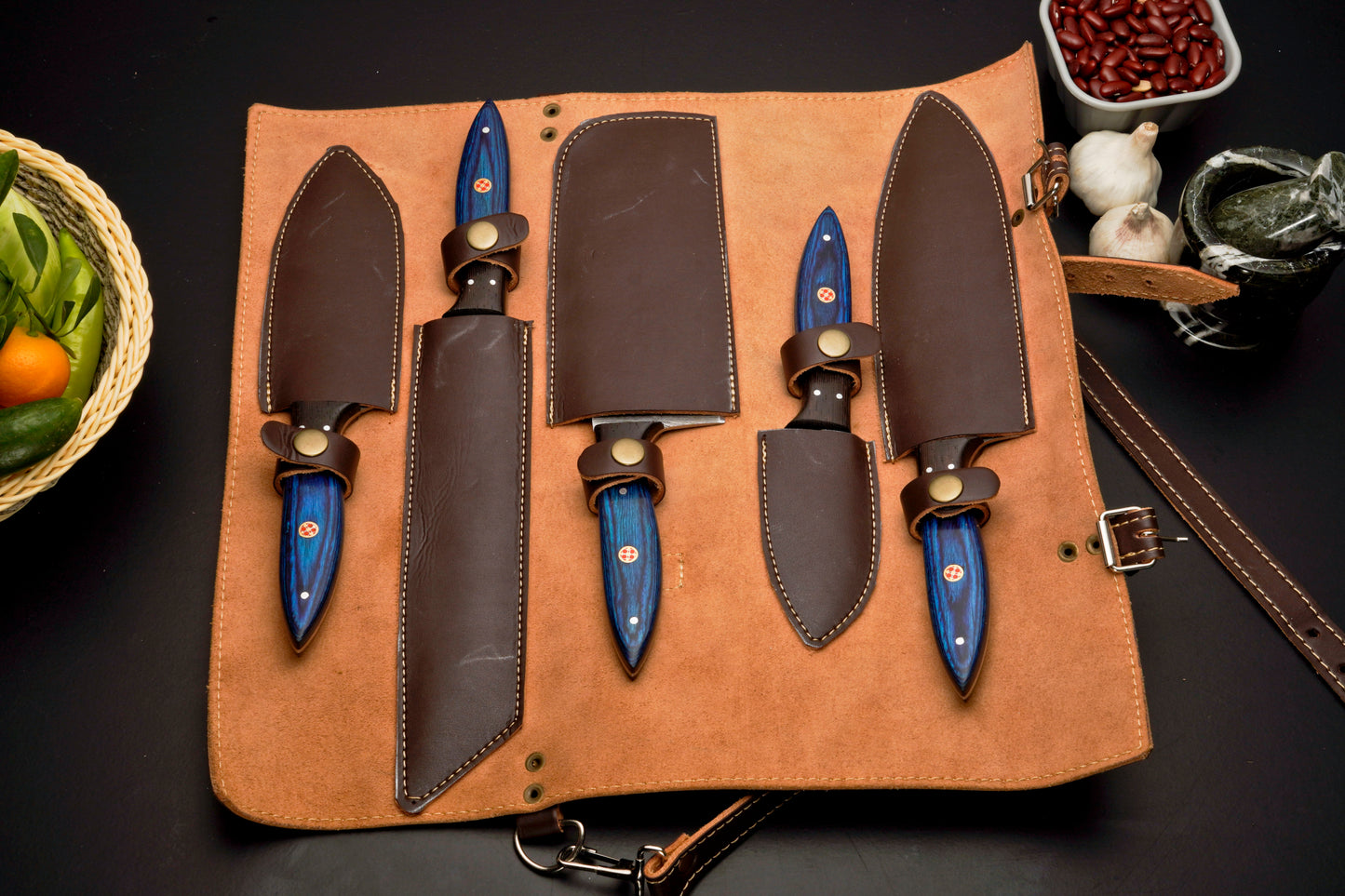 Custom Handmade Forged Damascus Steel Chef Set-Kitchen Knives Set W/ Leather Roll