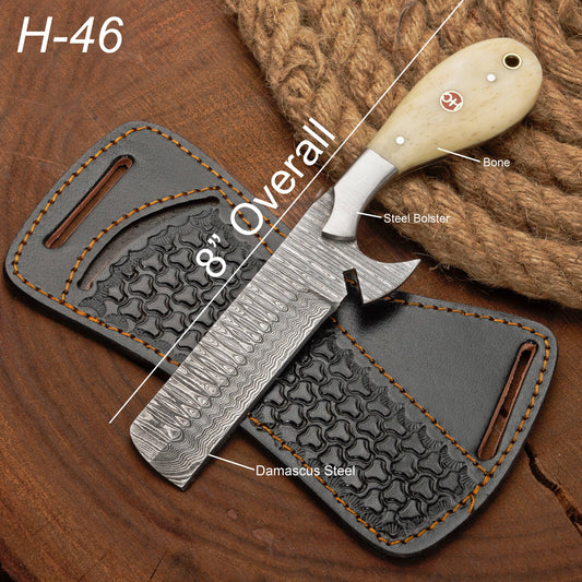 Custom Handmade Damascus Steel Bull Cutter Knife with Bone Handle