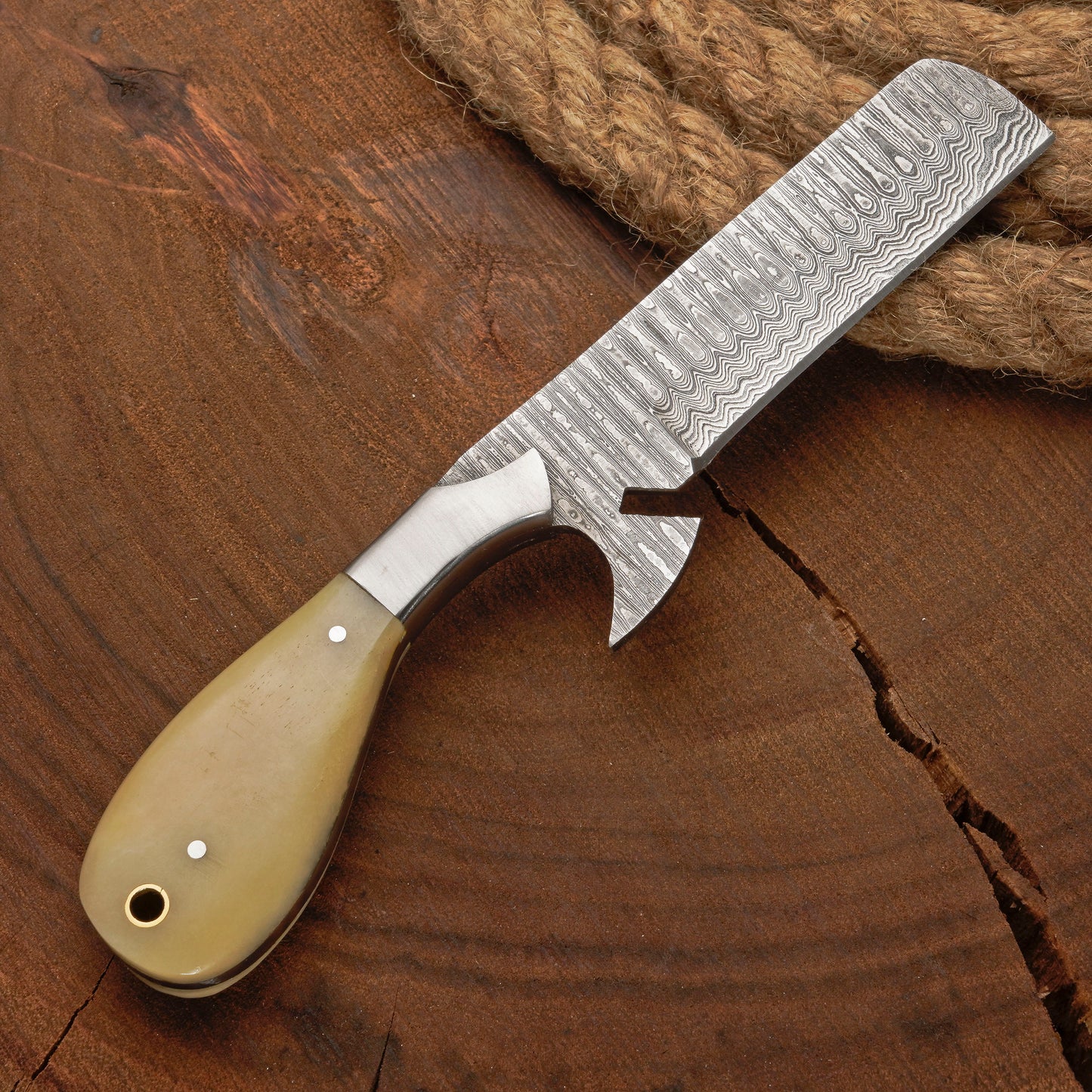 Custom Handmade Damascus Steel Bull Cutter Knife with Bone Handle